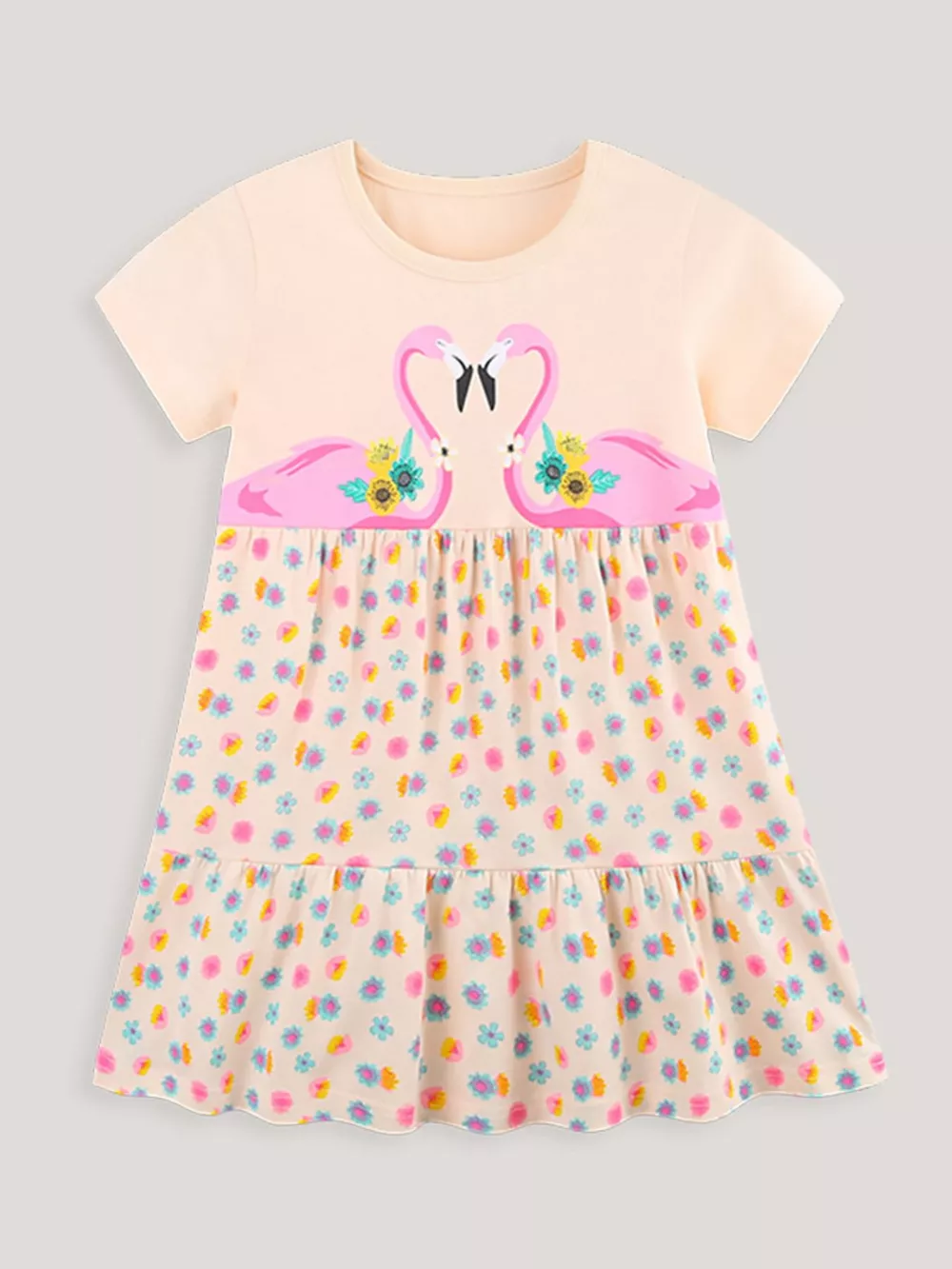 Children's Flamingo Print Tiered Casual Dress, image 2