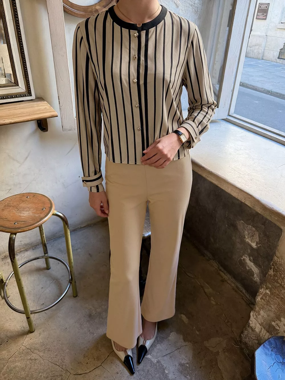 Striped Button-Down Shirt and High-Waisted Flare Pants Set, image 4