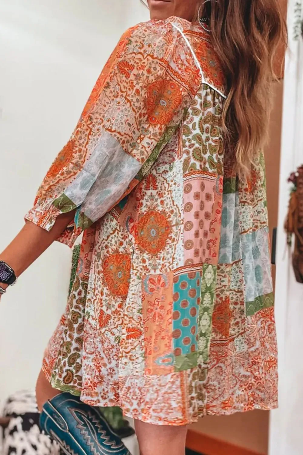 Tassel Printed Three-Quarter Sleeve Mini Dress, image 3
