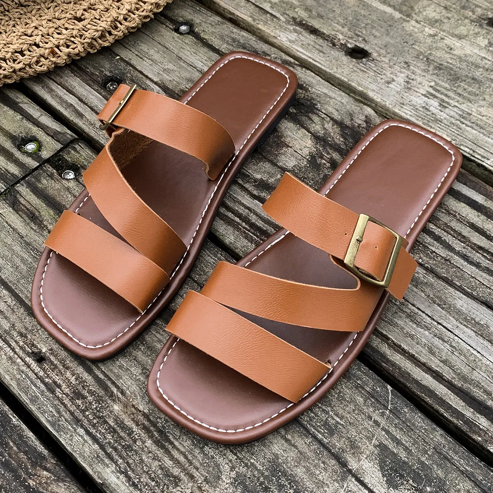 Open Toe Buckle Flat Sandals, image 5