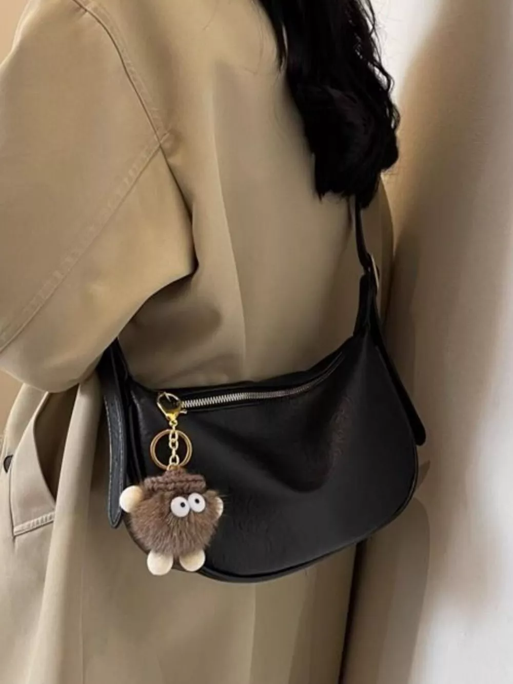 Crescent Shoulder Bag with Plush Charm, image 5