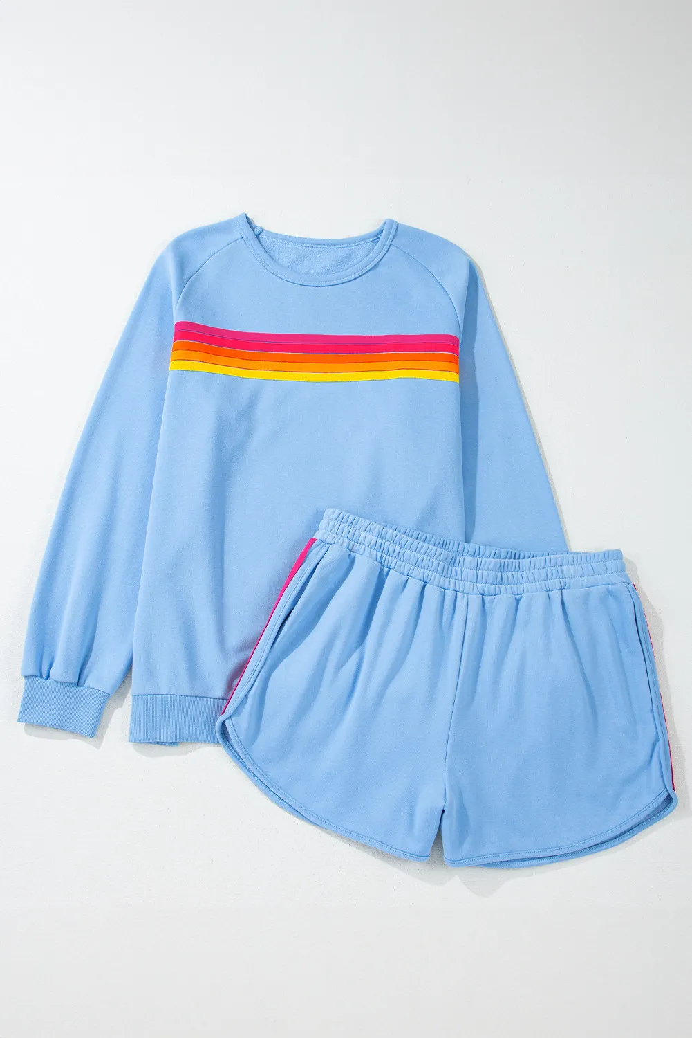 Full Size Contrast Striped Round Neck Top and Shorts Set, image 12