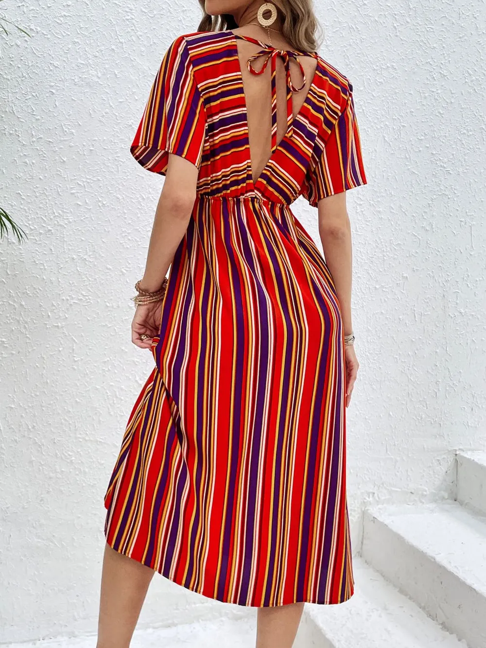 Slit Striped V-Neck Short Sleeve Midi Dress, image 5