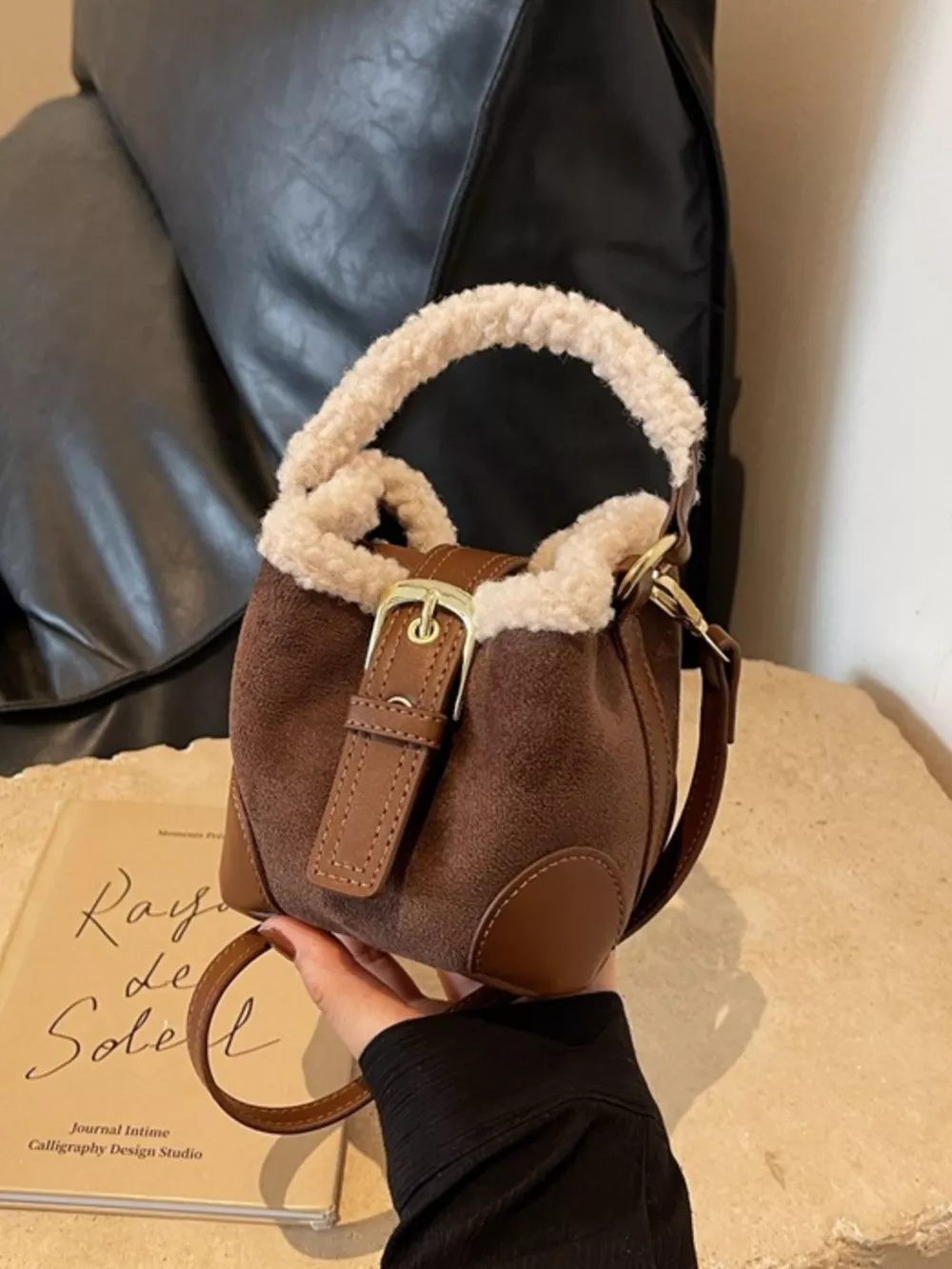 Fuzzy Trim Bucket Crossbody Bag, image 9
