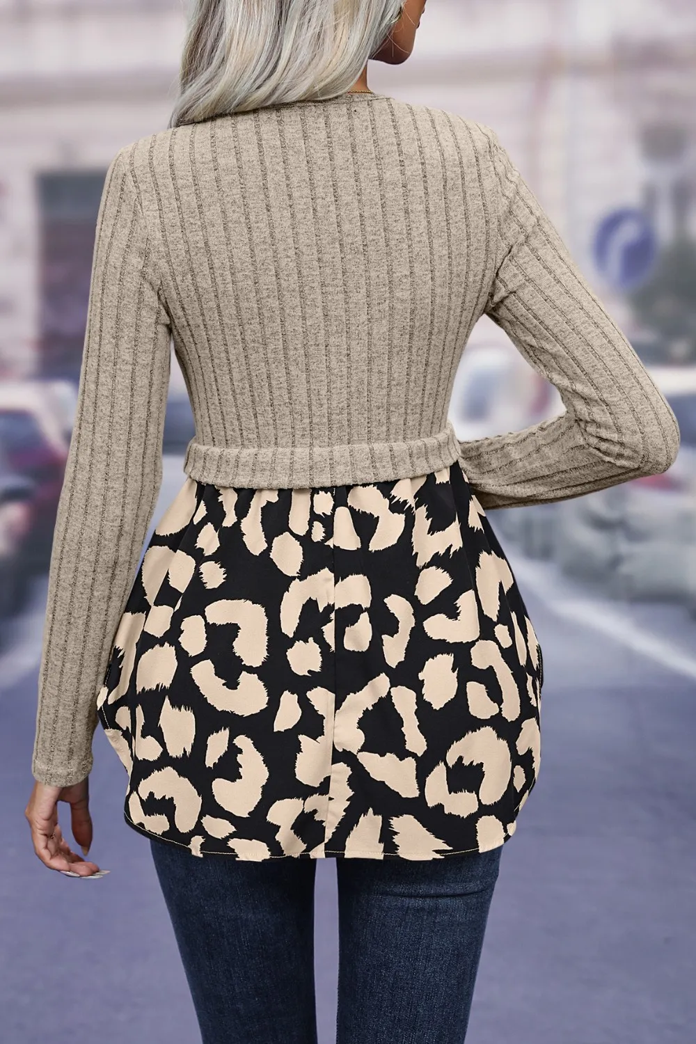 Leopard Peplum Round Neck Blouse, image 3