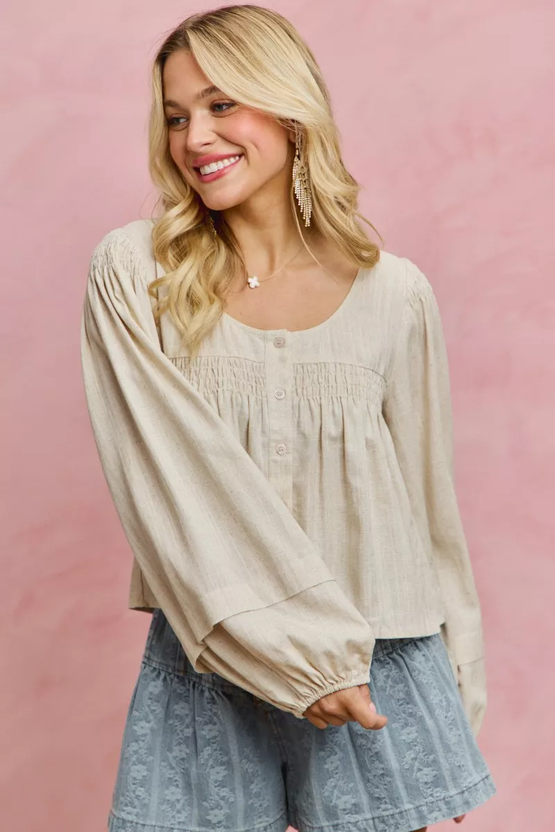Linen Blend Woven Long Sleeve With Smocking Top, image 12