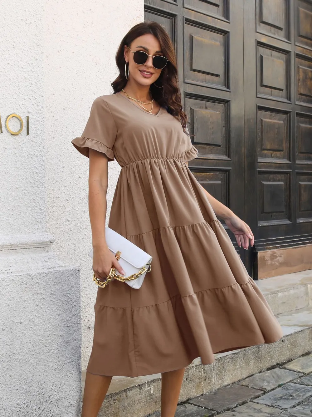V-Neck Short Sleeve Midi Dress, image 13