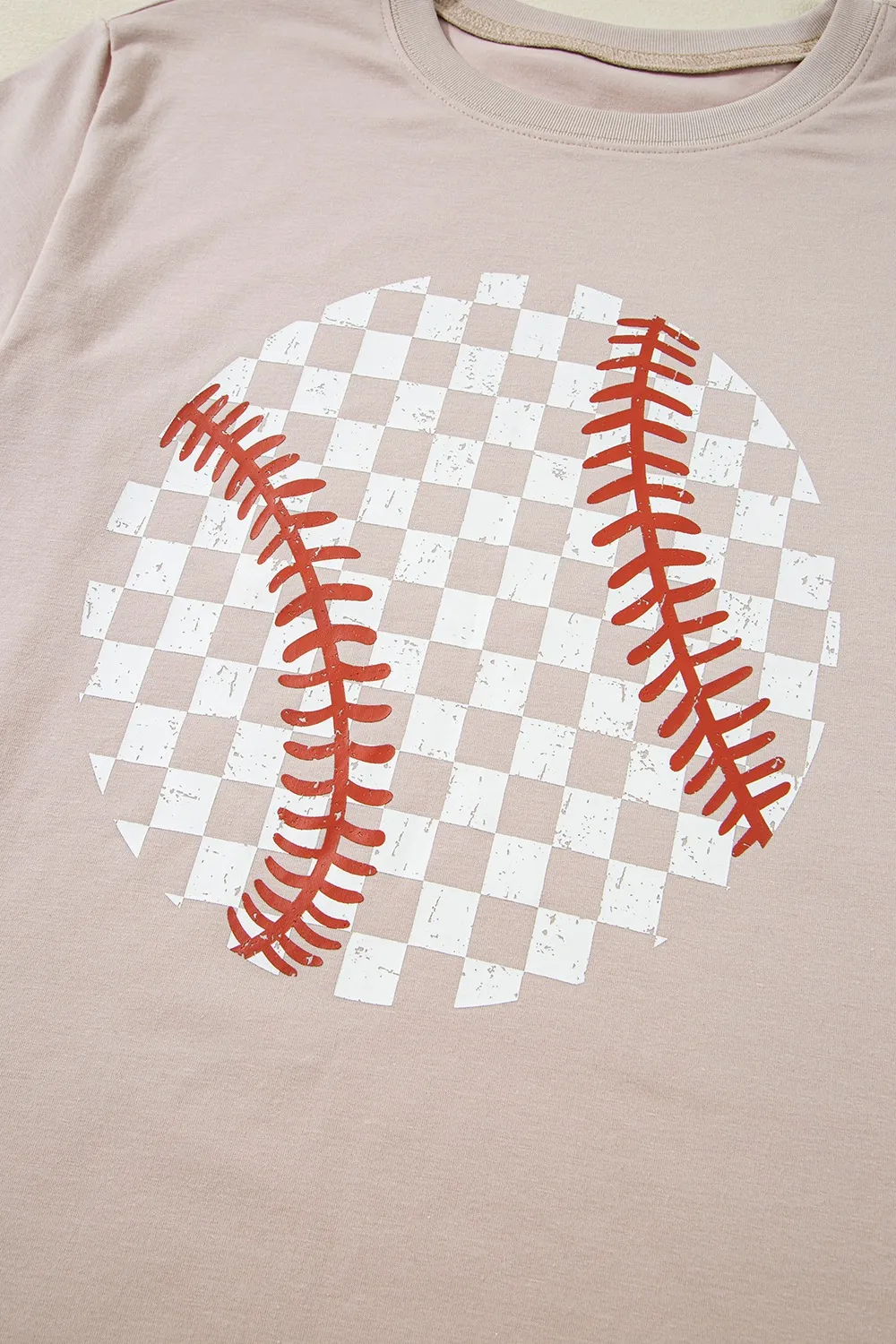 Contrast Checkered Baseball Graphic Round Neck Short Sleeve T-Shirt, image 7