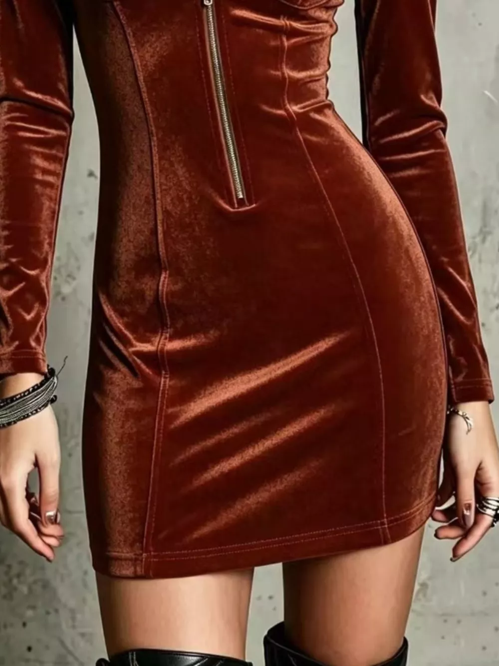 Velvet Zip-Front Utility Bodycon Mini Dress, image 9
