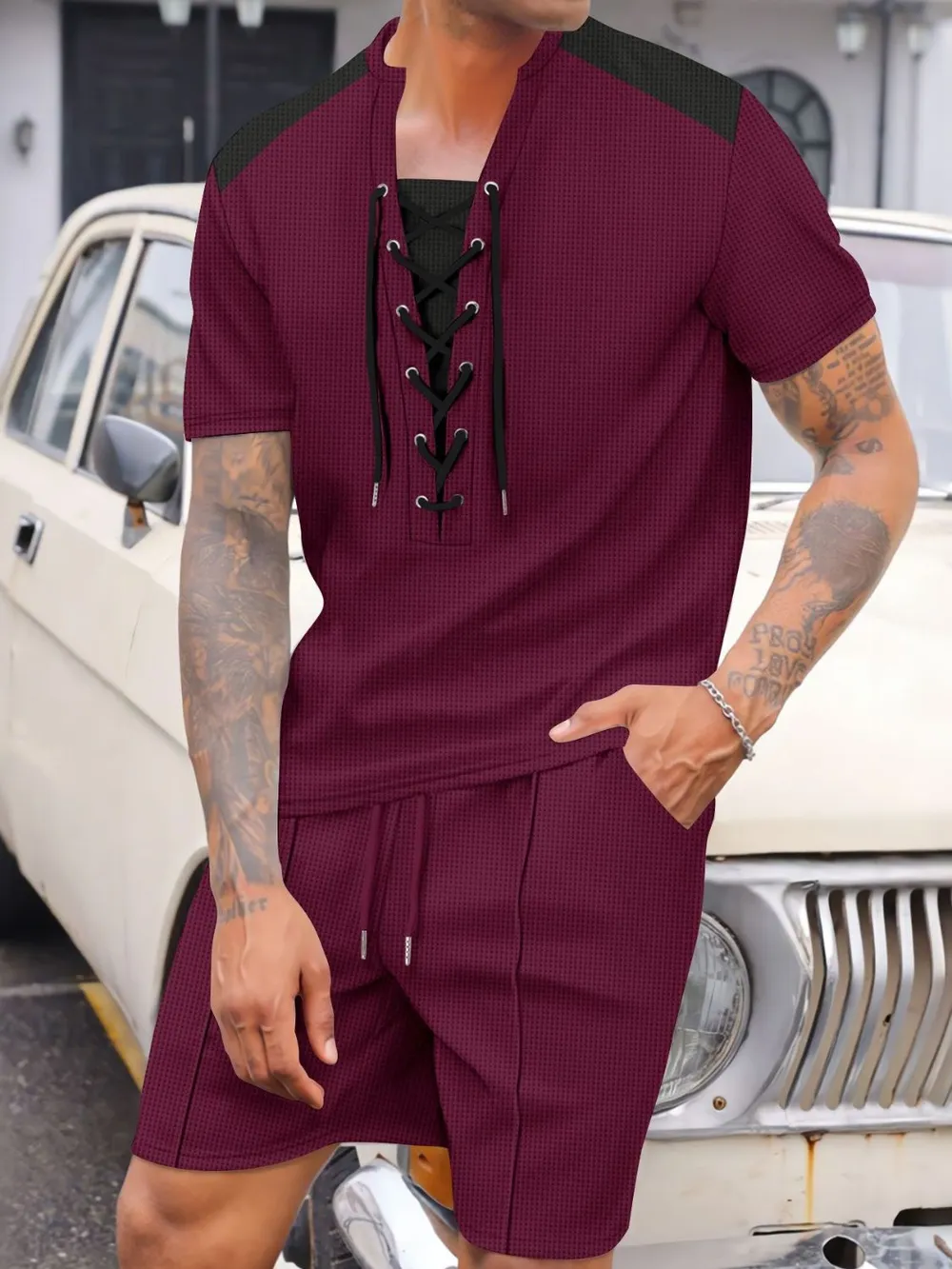 Men's Full Size Lace-Up Waffle Knit Top and Shorts Set Plus Size, image 4