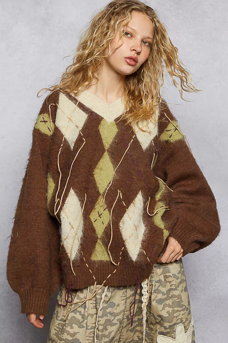 V-Neck Argyle Pattern Mohair Sweater with Contrast Exposed Stitch Detail, image 15