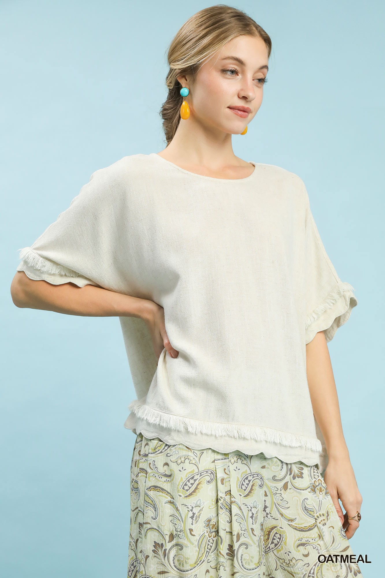 Linen Frayed Hem Scallop Edge Top, image 4