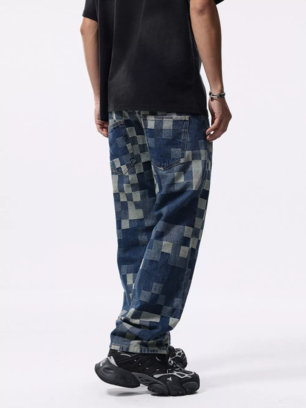 Men's Checkerboard Pattern Relaxed Fit Jeans, image 7