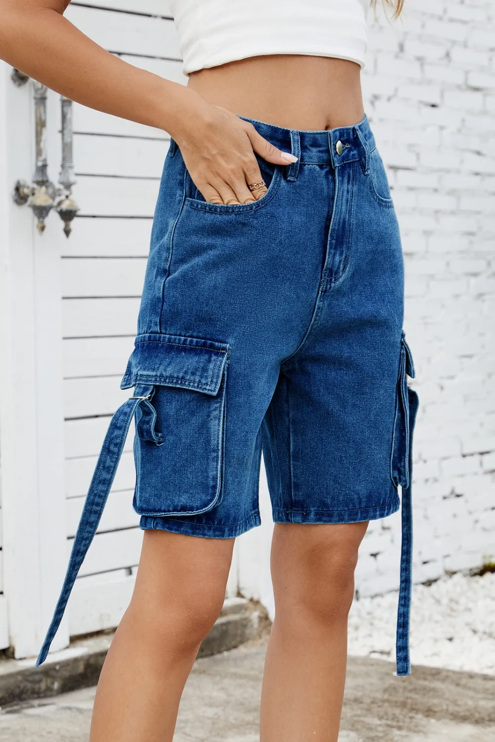 Washed Cargo Denim Shorts, image 13