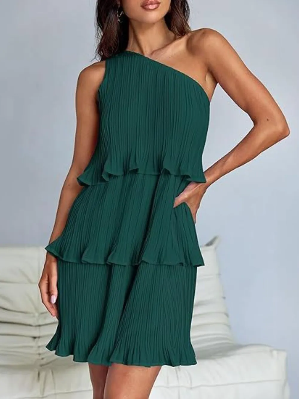 Layered Single Shoulder Mini Dress, image 28