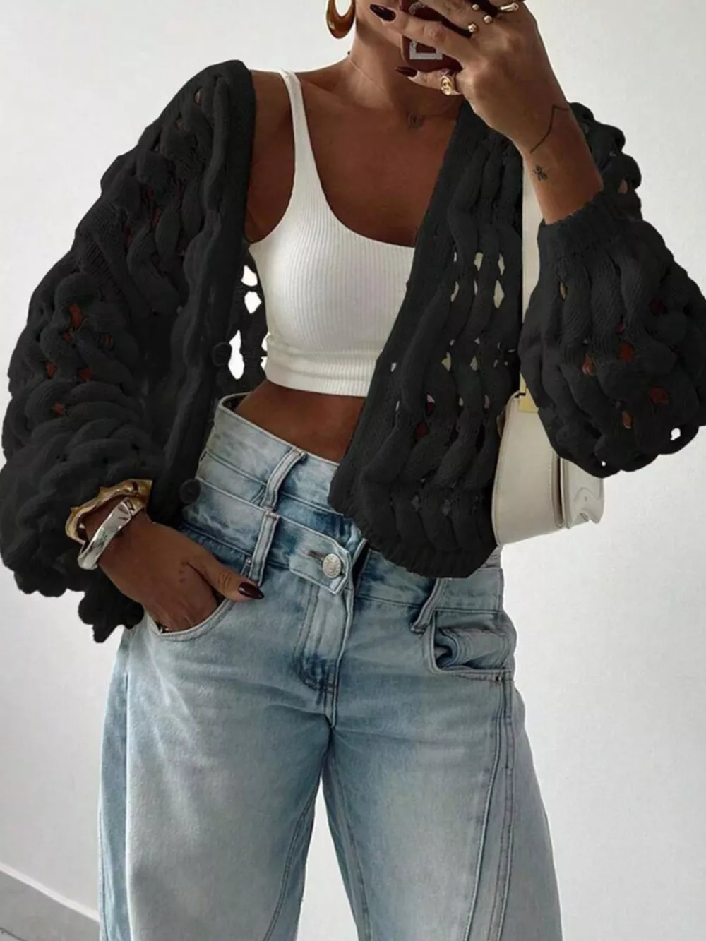Openwork Button Up V-Neck Cardigan, image 7
