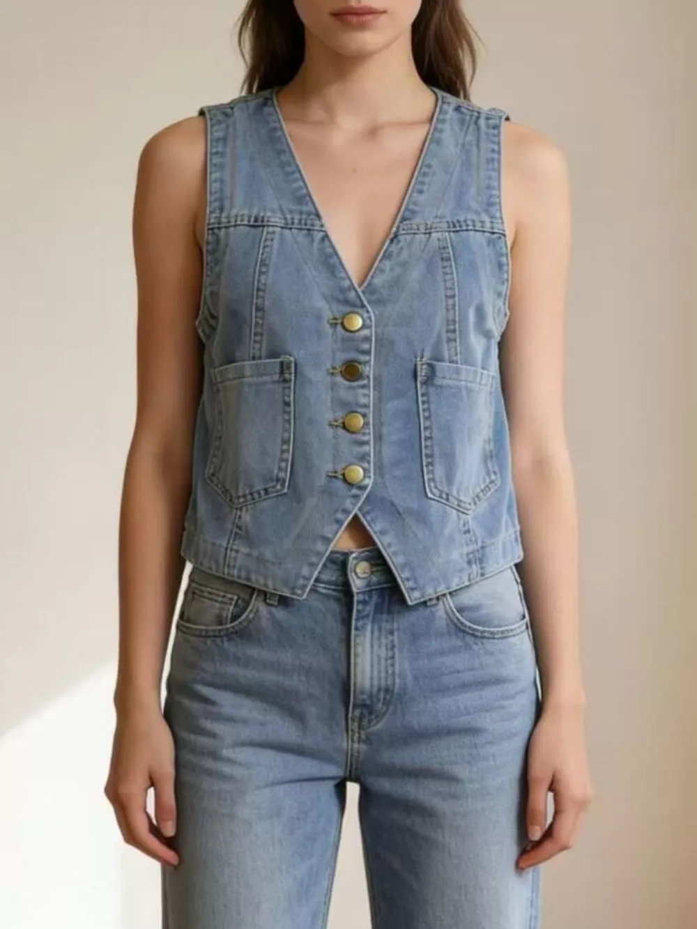 Plus Size Button-Down Denim Vest, image 3