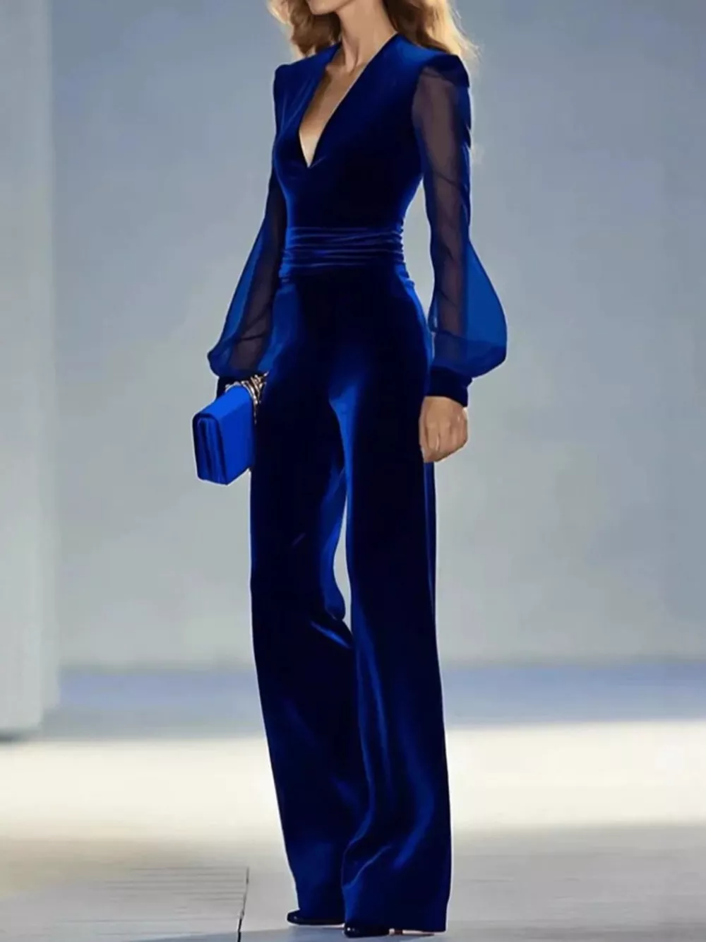 Velvet Wide Leg Jumpsuit with Sheer Sleeves, image 2