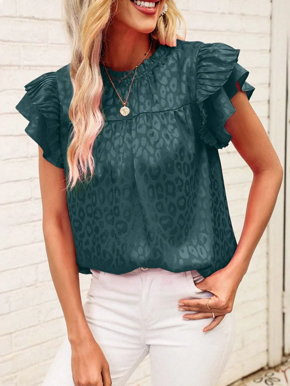 Leopard Frill Mock Neck Ruffled Cap Sleeve Top, image 19