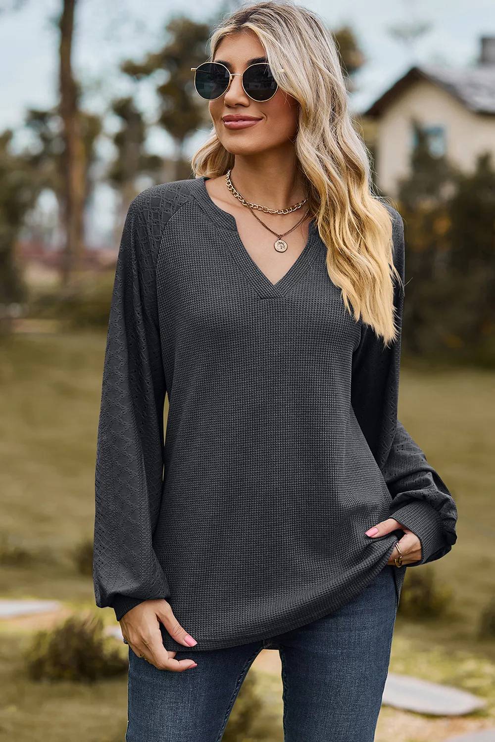 Eyelet Notched Raglan Sleeve T-Shirt, image 19