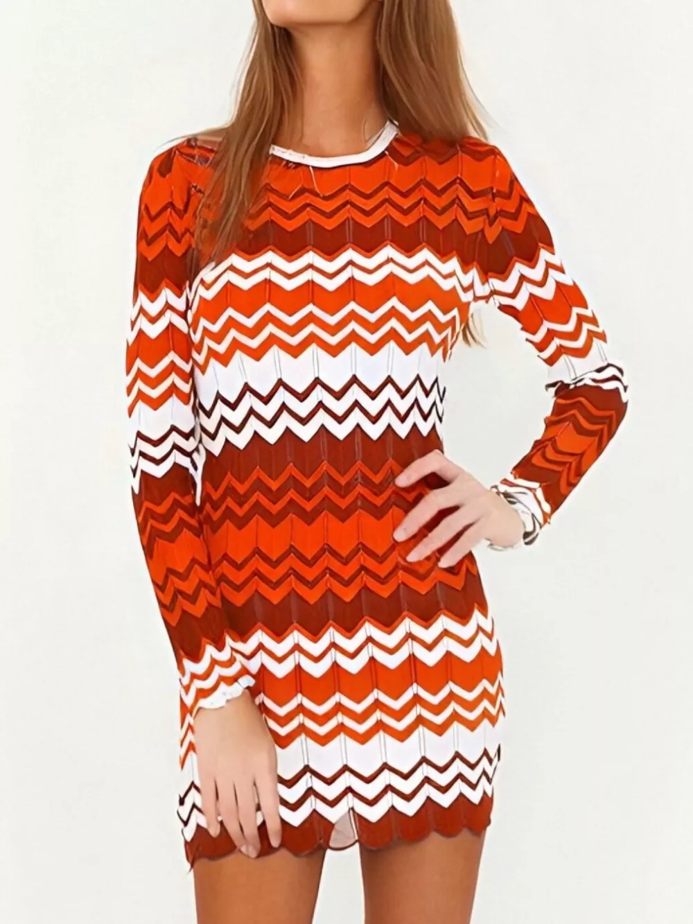 Openwork Wave Pattern Long Sleeve Sweater Dress, image 13