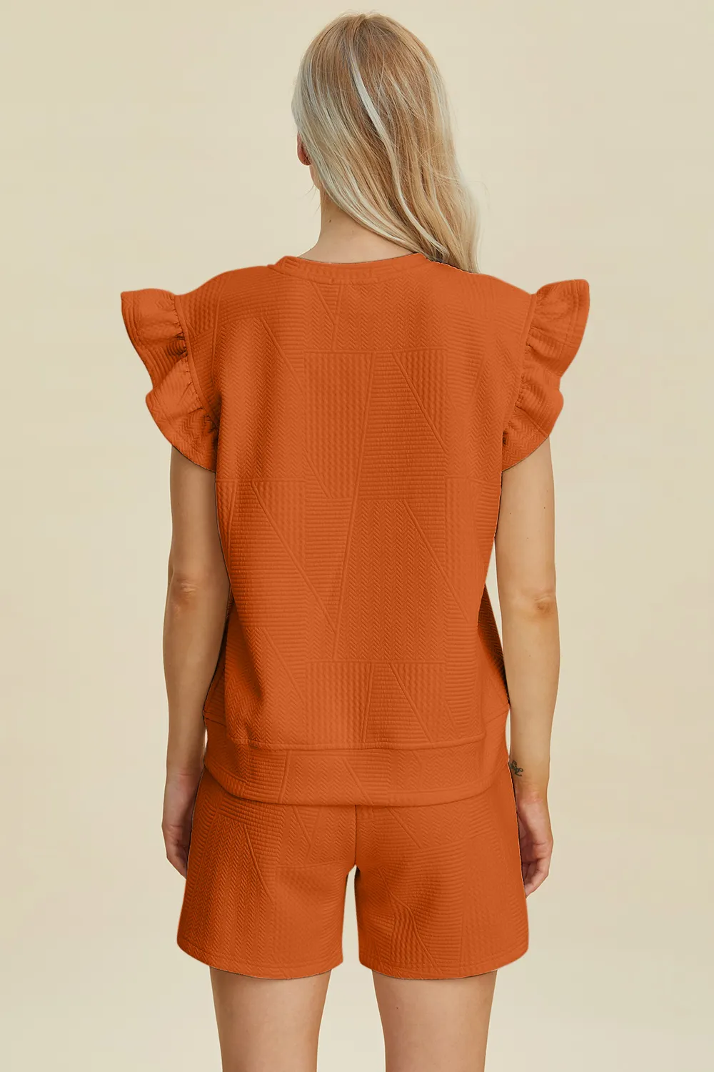 Full Size Texture Round Neck Ruffle Sleeve Top and Shorts Set, image 21