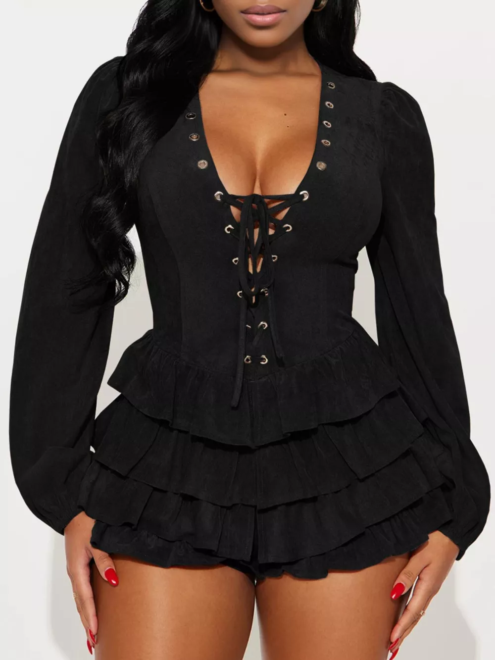 Lace-Up Ruffle Hem Long Sleeve Mini Dress