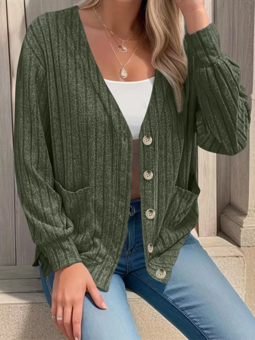 Full Size Button Up V-Neck Long Sleeve Cardigan, image 2