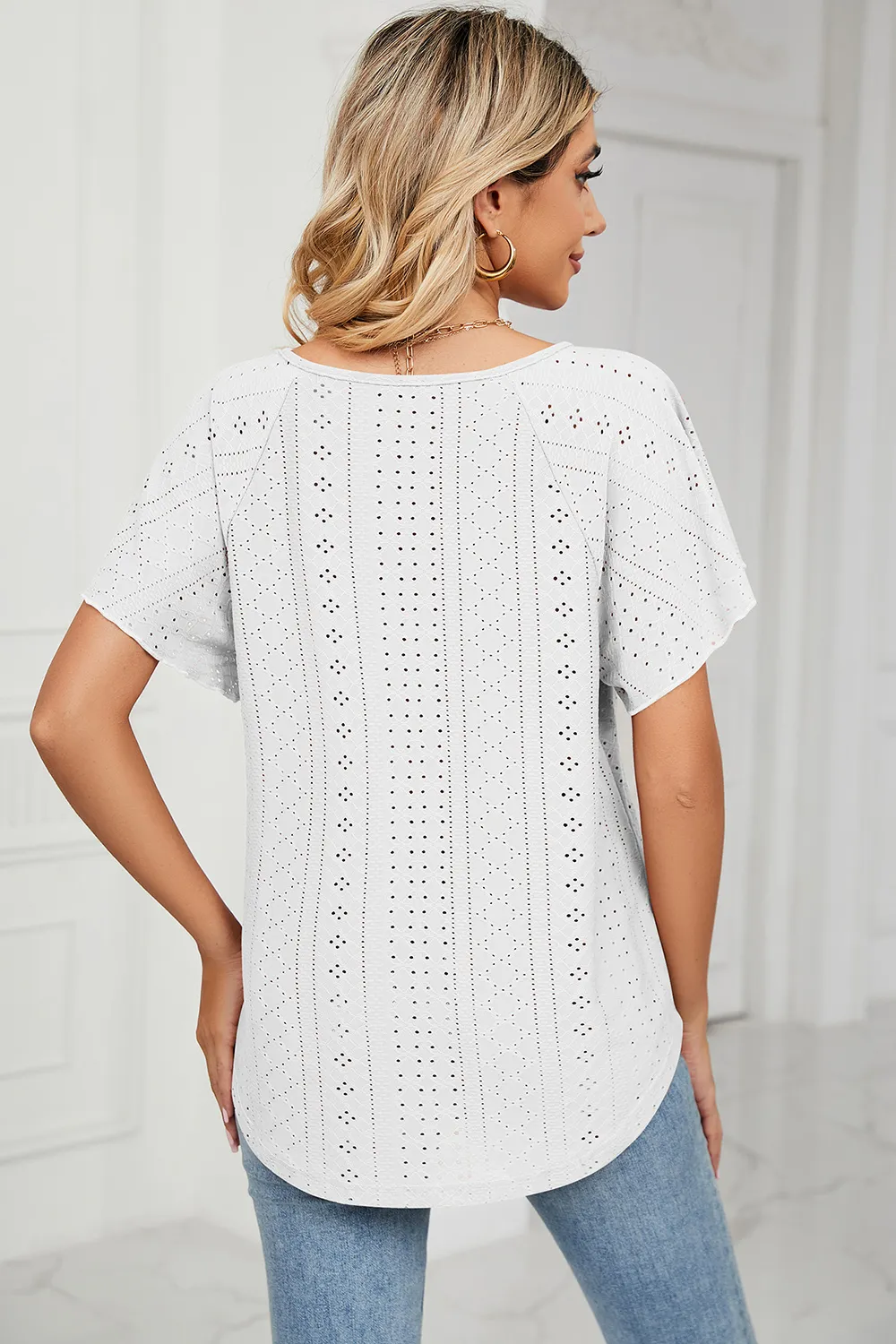 Eyelet Tie Neck Flutter Sleeve Blouse, image 8
