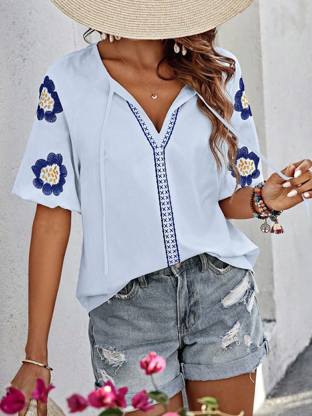 Embroidered Tie Neck Puff Sleeve Blouse, image 13