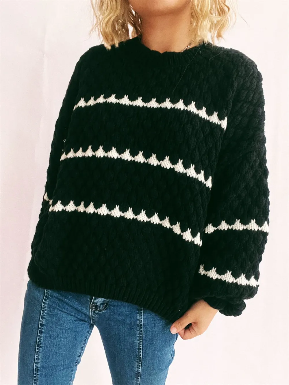 Contrast Stripes Round Neck Long Sleeve Sweater, image 9