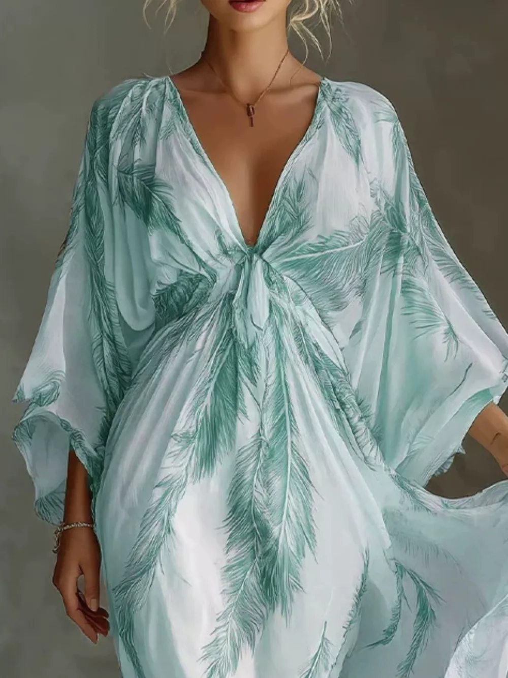 Full Size Feather Print V-Neck Flowy Maxi Dress Plus Size, image 5