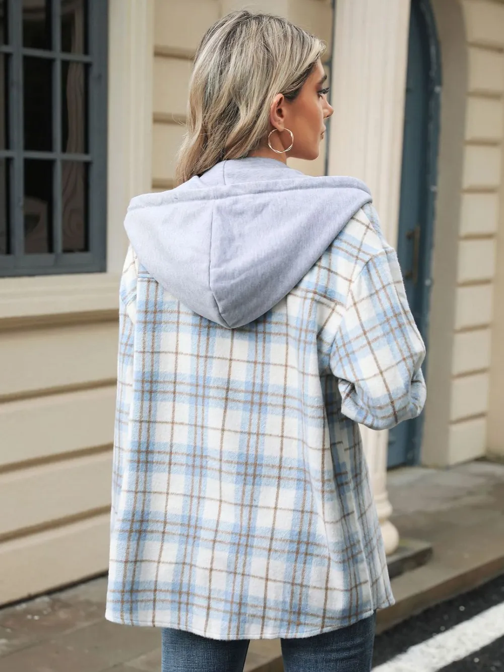 Drawstring Plaid Button Up Hooded Jacket, image 18