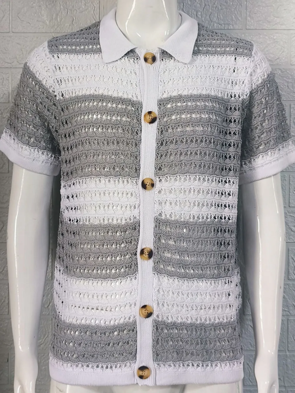 Men's Button Down Collared Neck Contrast Openwork Shirt, image 10