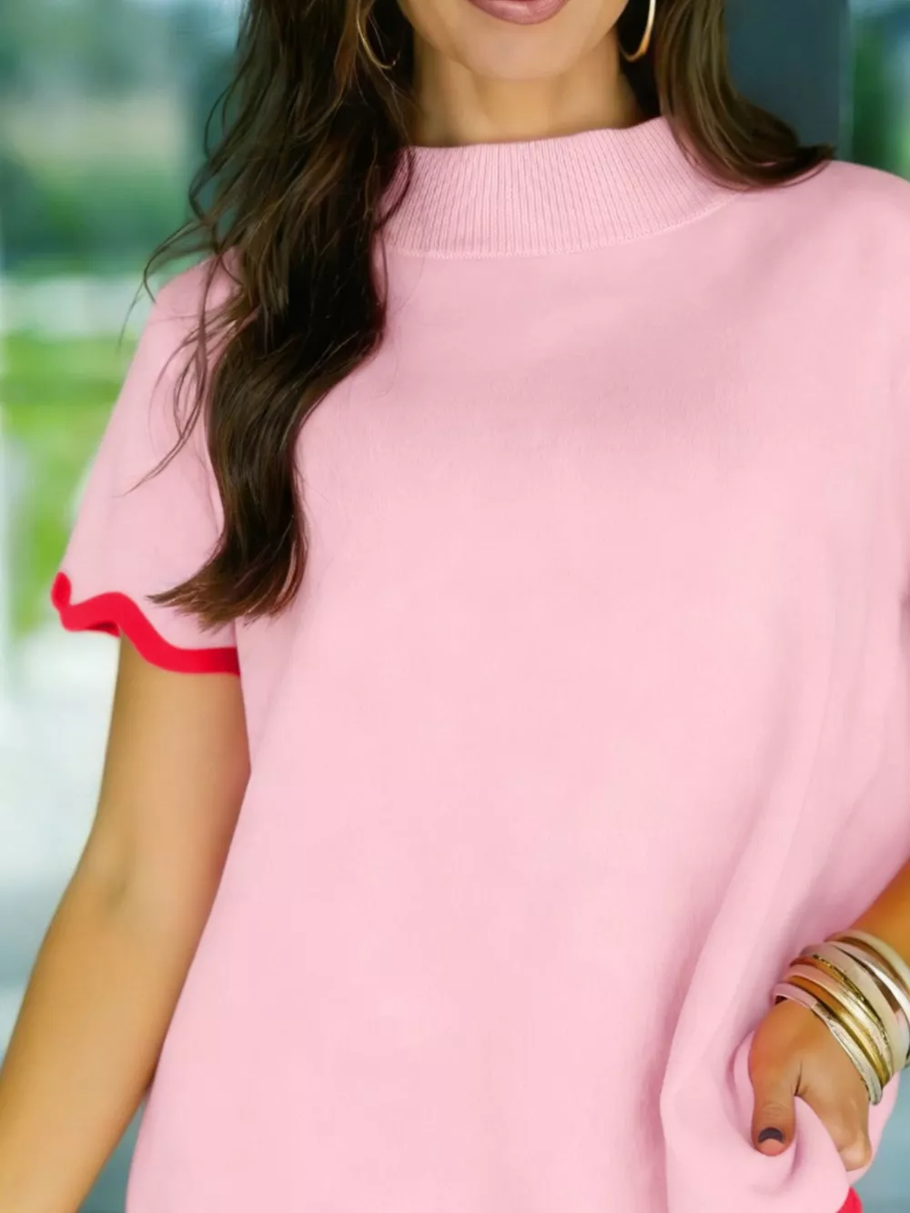 Stand Neck Contrast Wavy Trim Short Sleeve Sweater, image 2