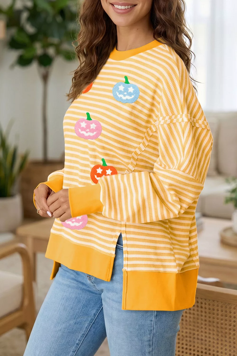 Stripe Halloween Pumpkin Face Waffle Knit Pullover Loose Top with Slits, image 3