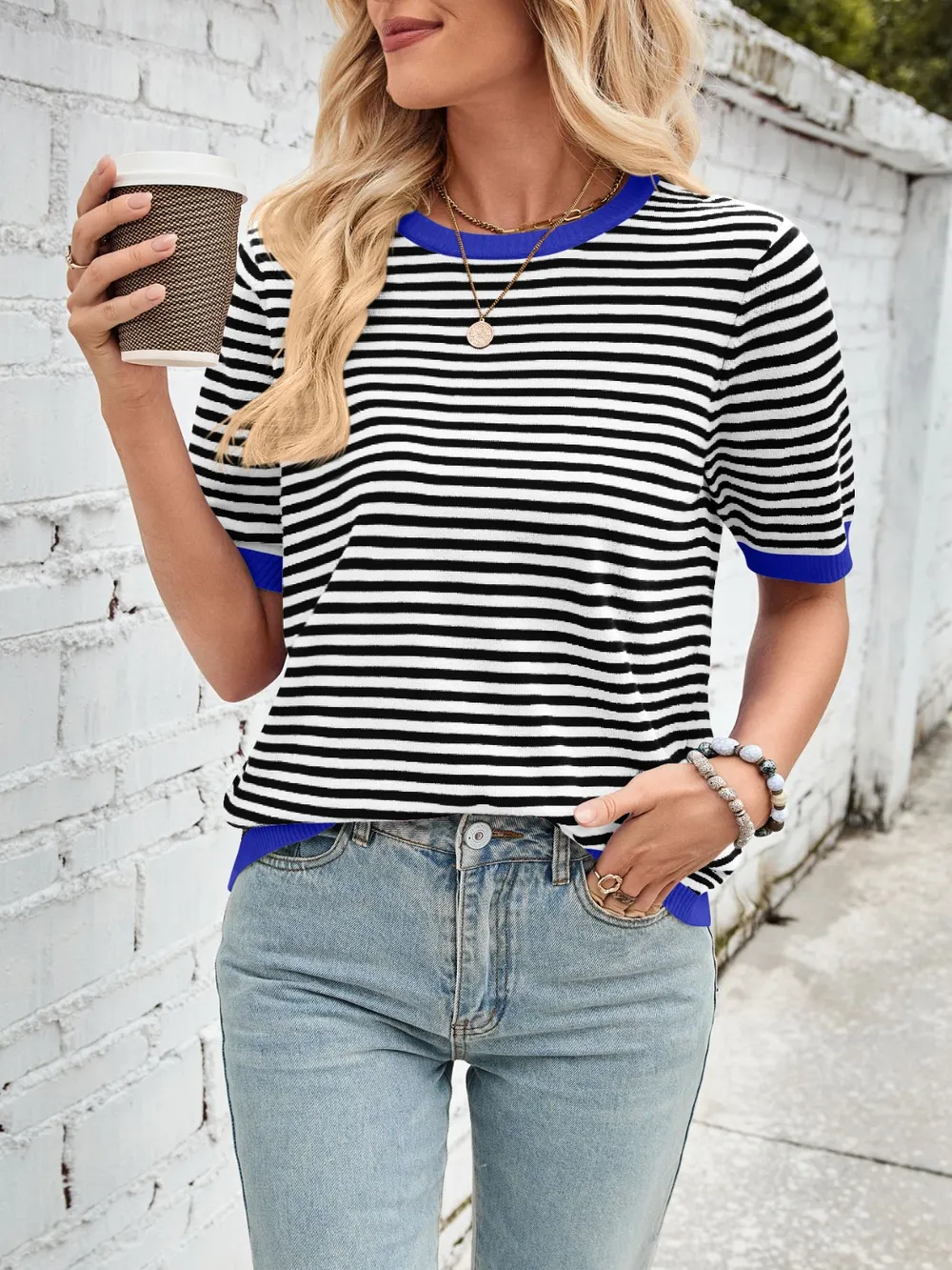 Striped Contrast Round Neck Half Sleeve Knit Top, image 18