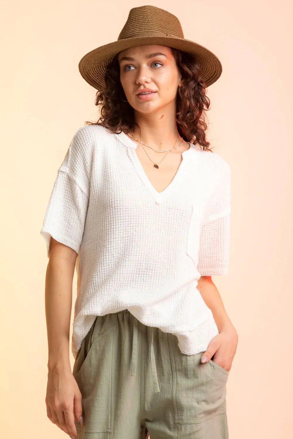Waffle-Knit Notched Half Sleeve T-Shirt, image 2