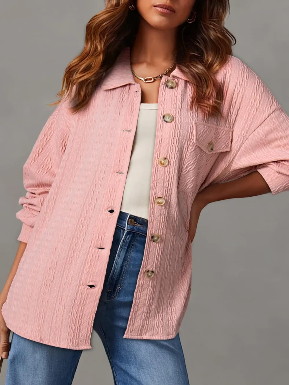 Textured Button Up Long Sleeve Shacket, image 17