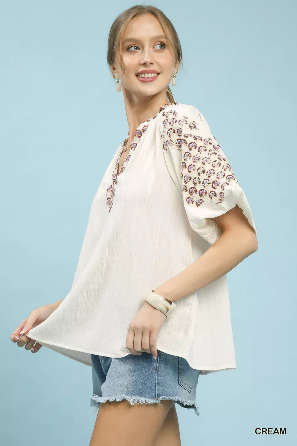 Embroidered Sleeve Contrast Trim Top, image 6