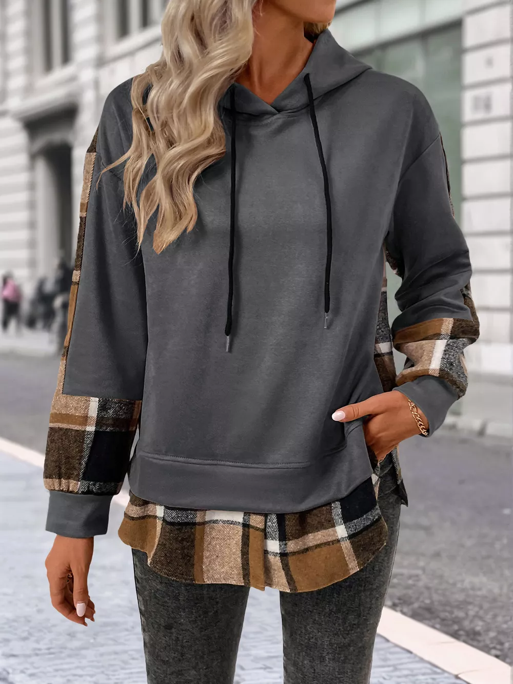 Plaid Drawstring Long Sleeve Hoodie, image 20