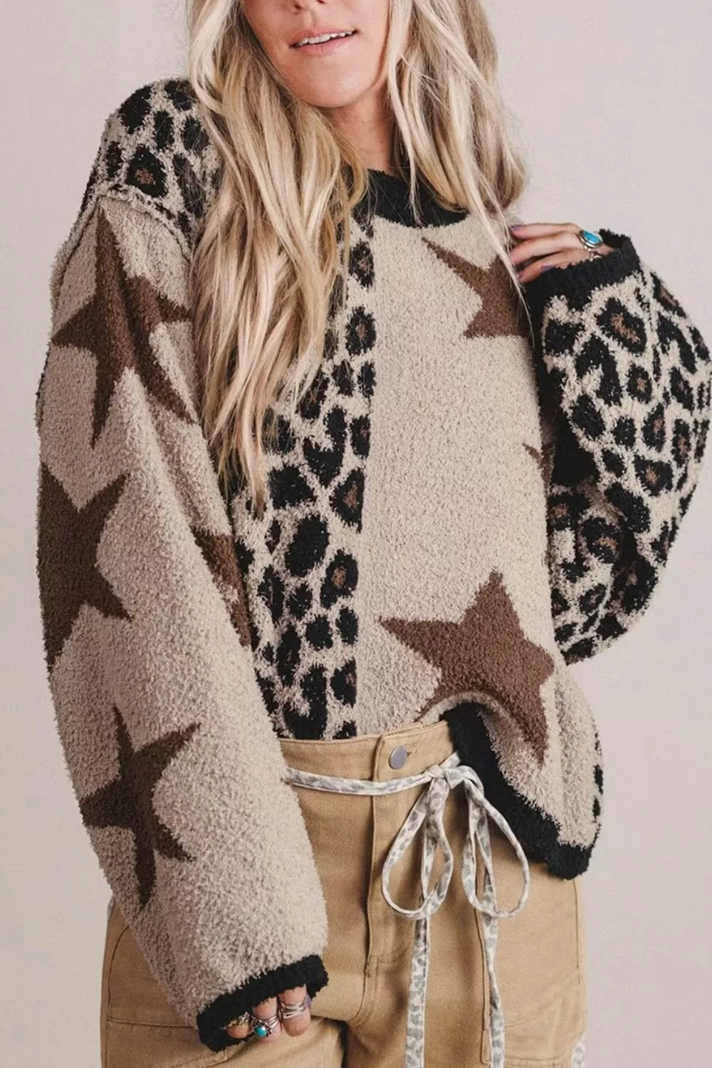 Leopard Star Pattern Round Neck Long Sleeve Shift Sweater, image 3