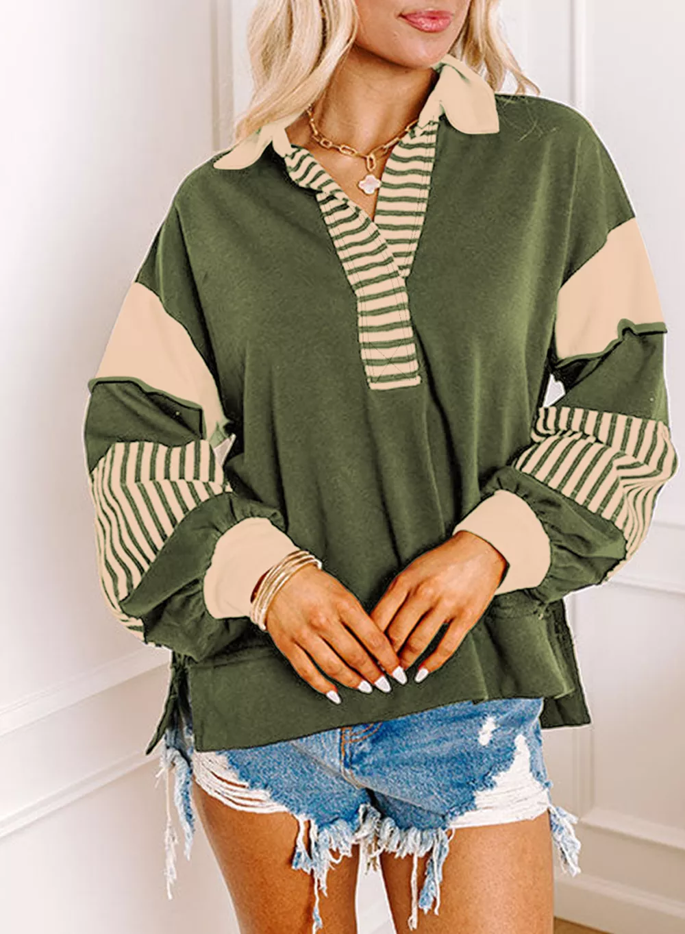 Color Block Striped Johnny Collar Sweatshirt, image 27