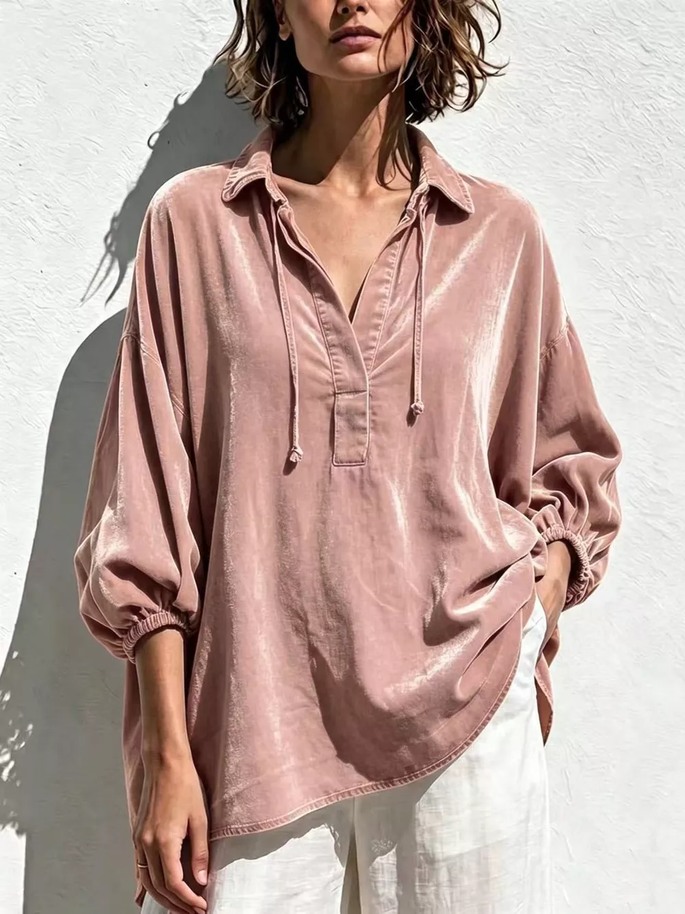 Full Size Oversized Velvet Collared Neck Drawstring Blouse Plus Size, image 9