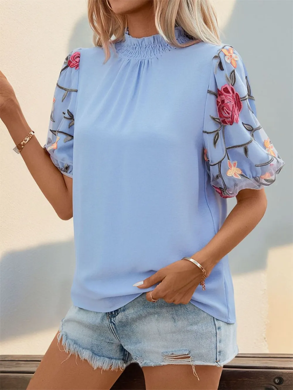 Embroidered Mock Neck Puff Sleeve Blouse, image 4