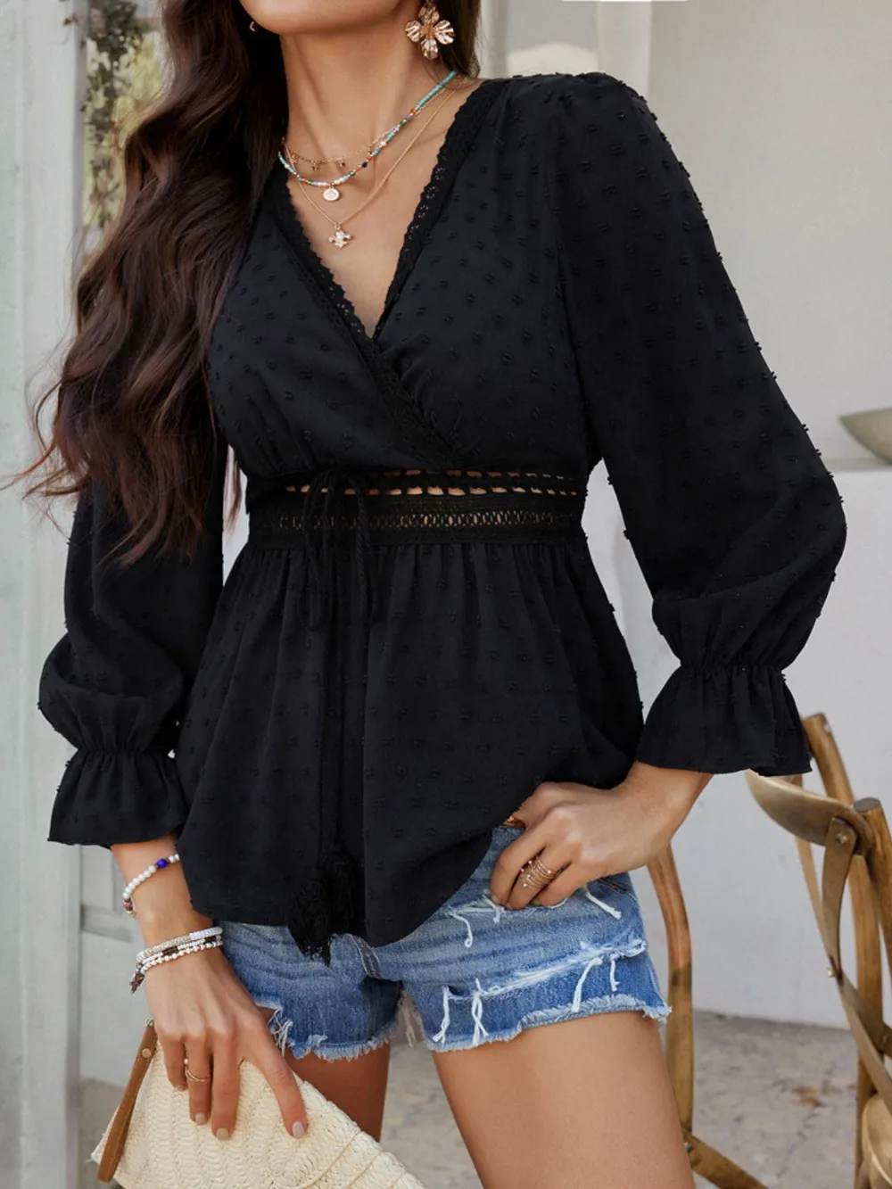 Swiss Dot Lace Detail Surplice Flounce Sleeve Blouse, image 27