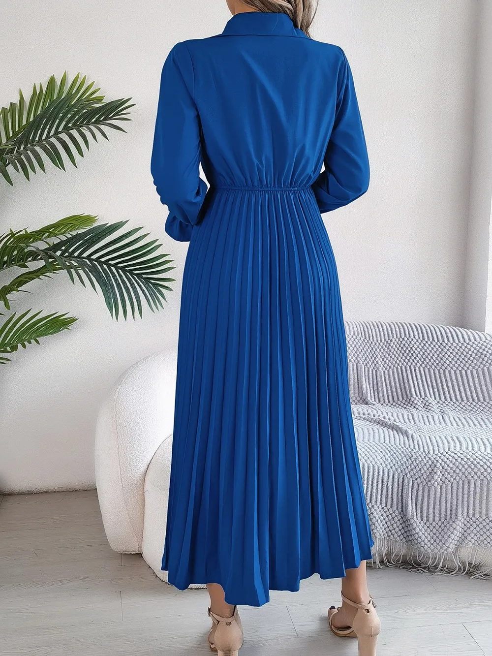 Pleated Half Button Long Sleeve Midi Dress, image 20