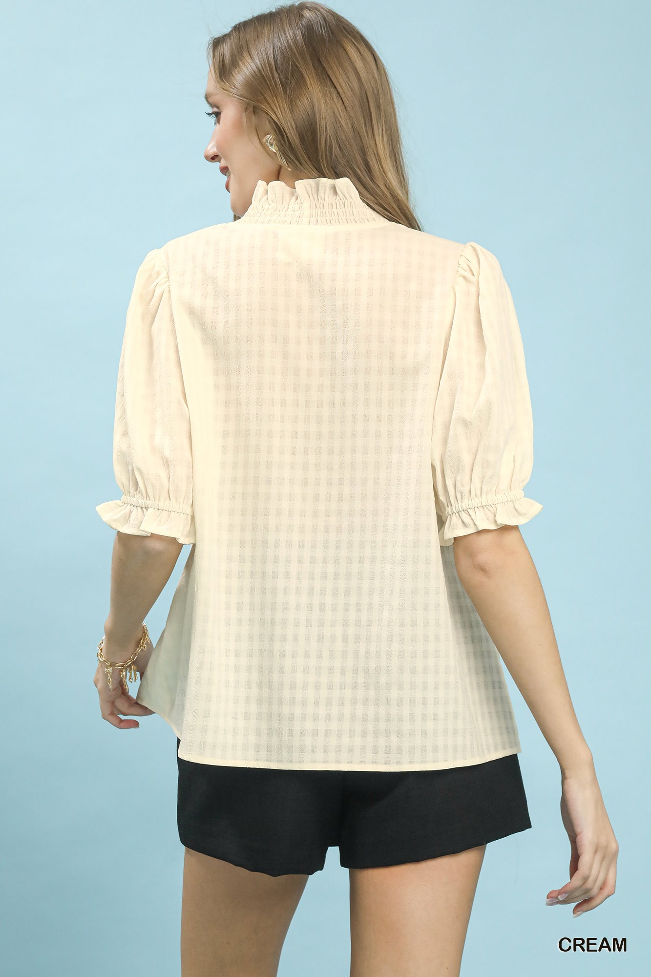 Textured Check Ruffle V-Neck Blouse, image 3