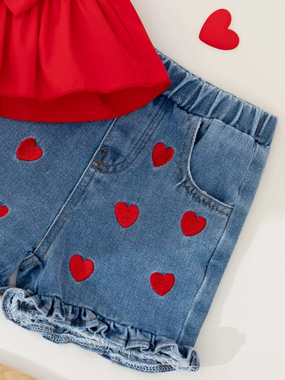 Children's Bowknot Top & Heart Denim Shorts Set, image 4