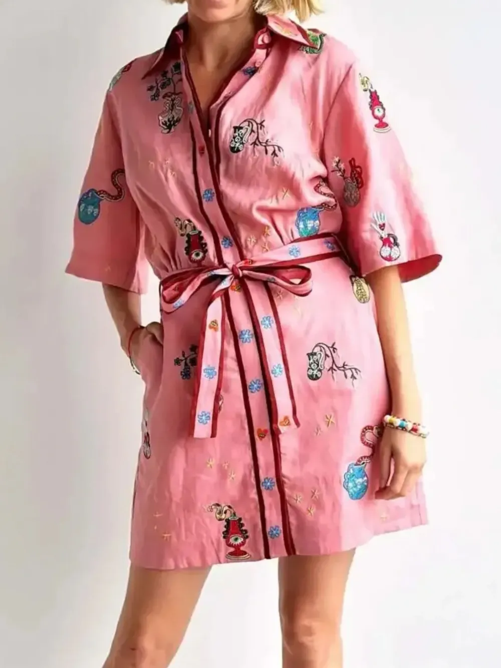 Embroidered Tie Waist Shirt Dress, image 2